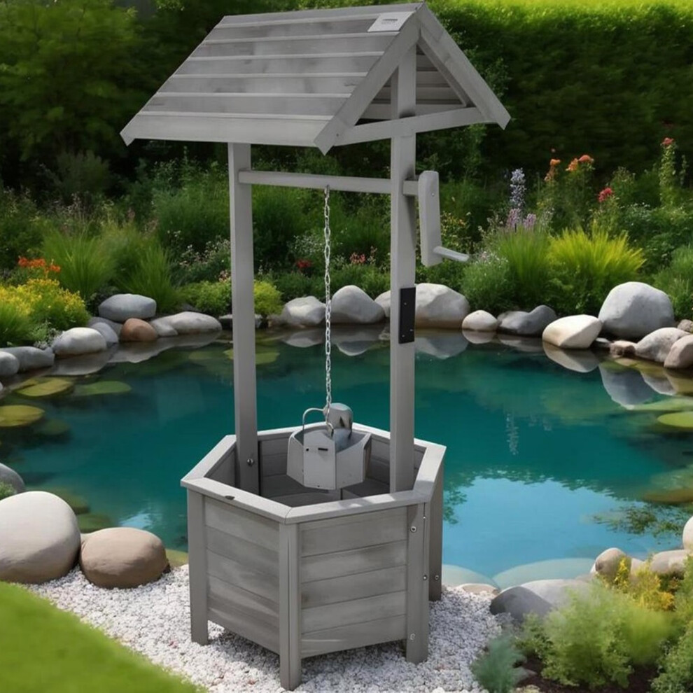 Gr8 Garden Wooden Wishing Well Bucket Planter Plant Flower Pot Garden Patio Grey