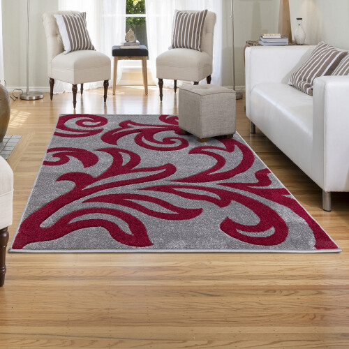 Hand Carved Thick Area Rug - Florence - Grey/Red