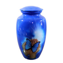 eSplanade Metal Cremation Urn Memorial Jar Pot Container | Full Size Urn for Funeral Ashes Burial | Butterfly in Hands Printed Urn | Blue - 10" Inches