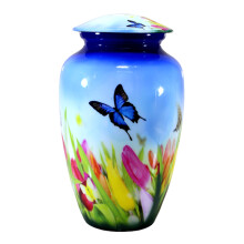 ESPLANADE Metal Cremation Urn Memorial Jar Pot Container | Full Size Urn for Funeral Ashes Burial | Butterfly with Flowers Print | Blue - 10" Inches