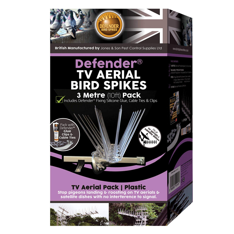 Defender Bird Spikes | Tv Aerial Pack | Glue, Cable Ties & Clips | Install Guide | 3 Metre 8000000779892