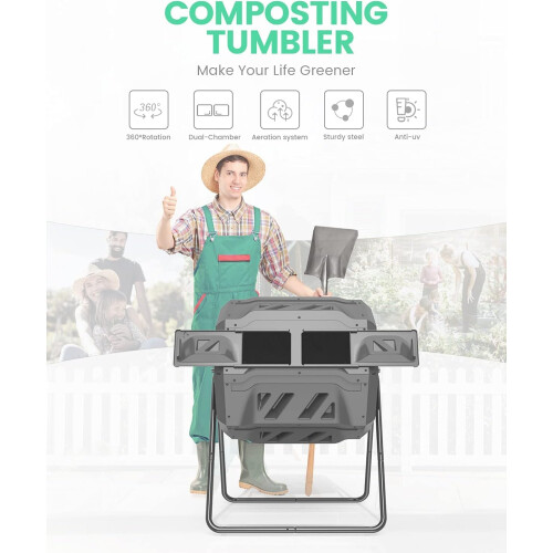 SQUEEZE master 160L Dual Chamber Compost Tumbler Bin Capacity rotatable, Better Air Circulation Efficient Compost, Rotating Tumbling Composter Bin for 1