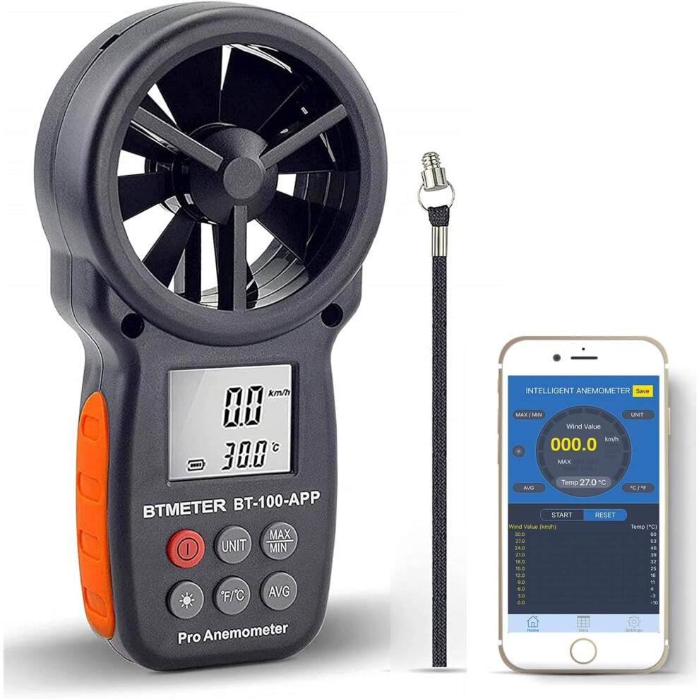 Btmeter Digital Wind Speed Anemometer Handheld, Wireless Bluetooth Vane Anemometer Meter For Wind Chill, Speed, Temperature Monitor Bt-100App 8000000792853