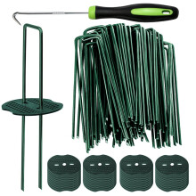 Bakulyor 200 Green Weed Control Membrane Pegs + 200 Buffer Washer, 6"/150mm Artificial Grass Pegs, Ground Pegs, Metal Garden Pins for Netting Matting