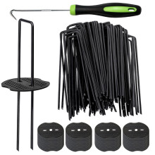 Bakulyor 200 Black Weed Control Membrane Pegs + 200 Buffer Washer, 6"/150mm Garden Pegs, Metal Ground Landscape Staples Artificial Grass Pins Ground