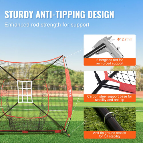 VEVOR VEVOR 7x7 ft Baseball Softball Practice Net, Portable Baseball Training Net for Hitting Catching Pitching, Backstop Baseball Equipment with Bow Frame, 2