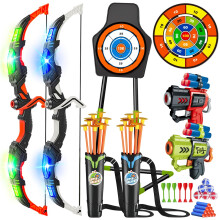 VATOS 2 Pack Archery Set for 5-11 Year Old Boys & Girls, Light Up Bow & Arrow Toy with Cup Suction Target & 29 IN Dart Board, Indoor/Outdoor Activity