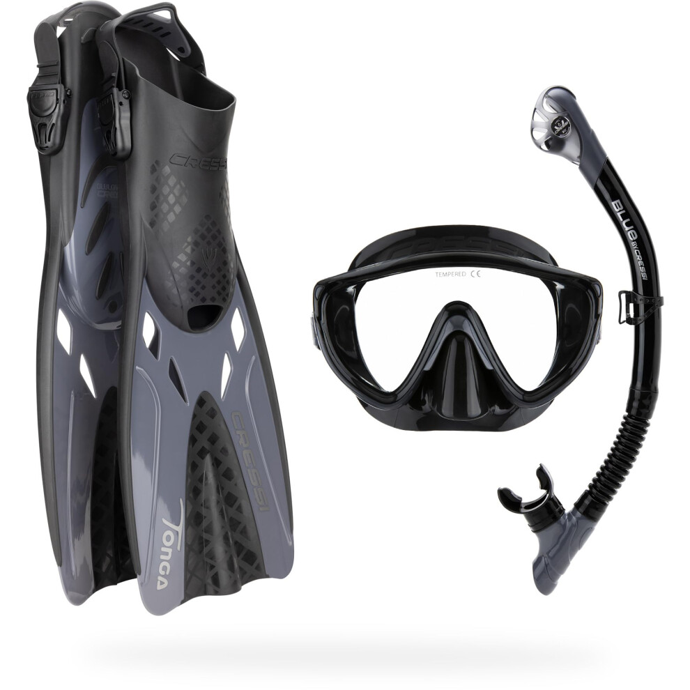 Cressi Tino Adventure Set /Graphite [S/M] - Snorkel Set Tonga Fins, Tino Mask And Scilla Snorkel For Snorkelling And Diving, /Graphite, S/M, Black