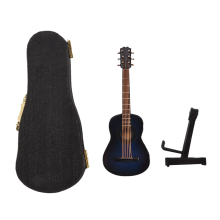 Miniaturowa gitara A z drewna ze stojakiem i futerałem, miniaturowy instrument muzyczny, domek dla lalek, dekoracja domu