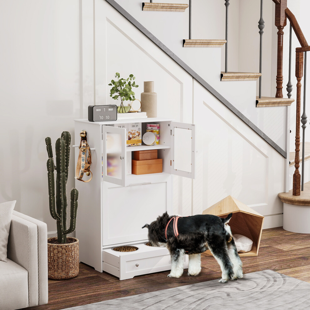 Pawhut Dog Feeding Station With 2 Storage Cabinets, 2 Elevated Bowls, White