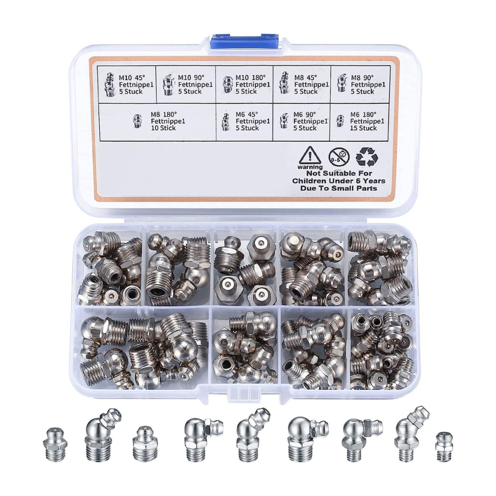60Pcs Metric Grease Fittings Kit, Hydraulic Grease Zerk Assortment 4713022196014