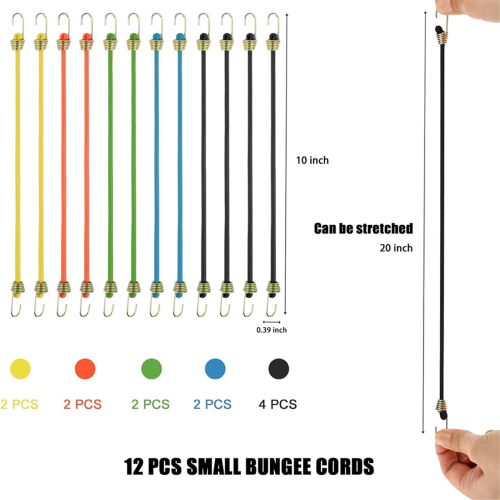 Small Bungee Cords with Hooks 12 Pack,Adjustable Rubber Elastic Cords 1