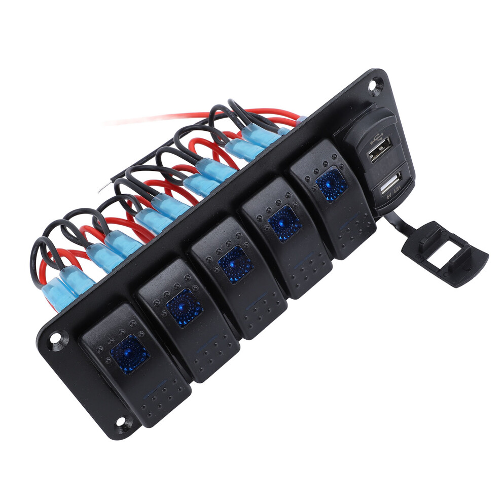 5 Gang Rocker Switch Panel With Dual Usb Charger & Voltage Meter For 12-24V Vehicles 4681331455354