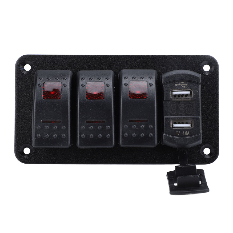 12V/24V 3-Gang Aluminum Rocker Switch Panel With Voltmeter & Dual Usb 4941331455274