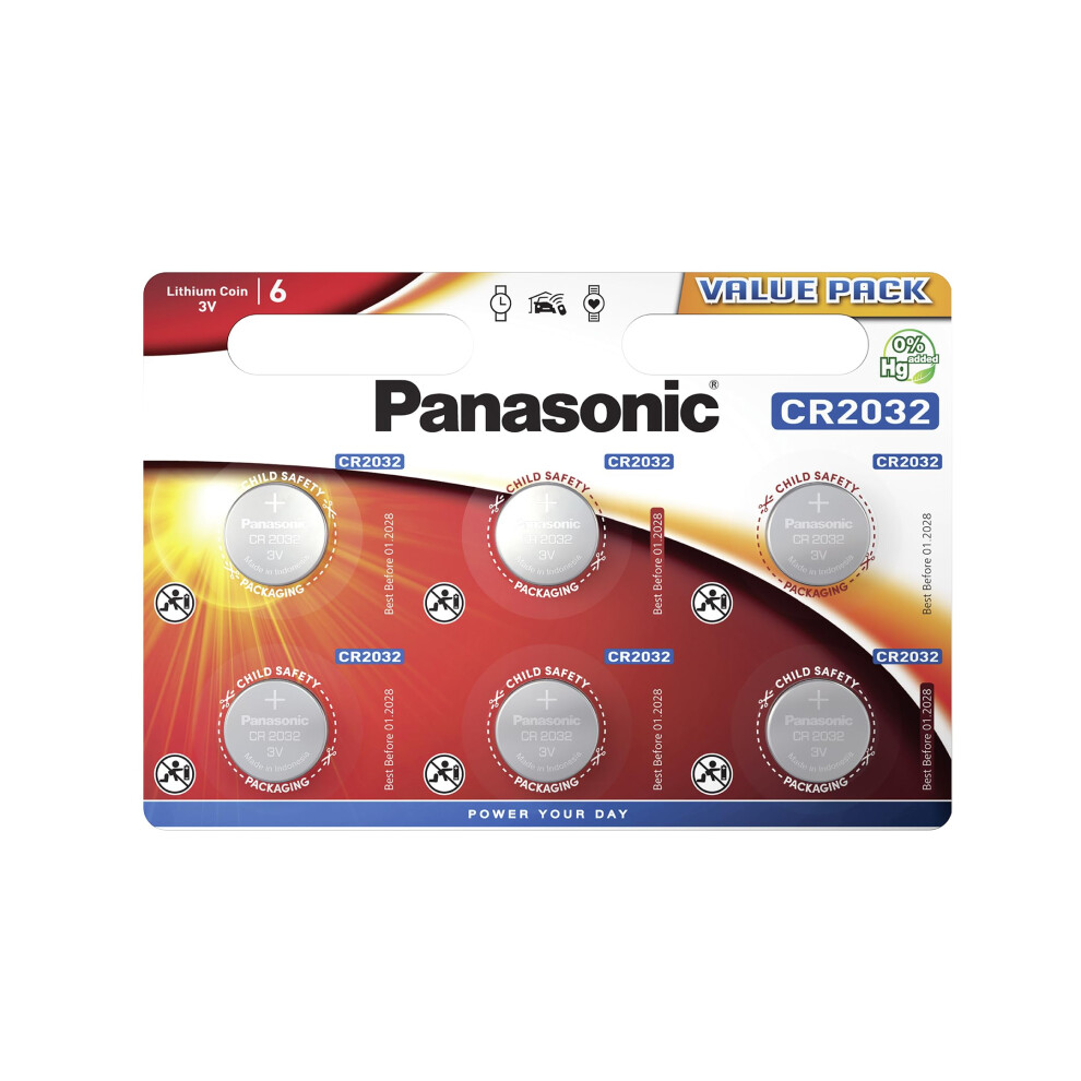 Panasonic CR2032 Lithium 3 Volt Battery card of 6