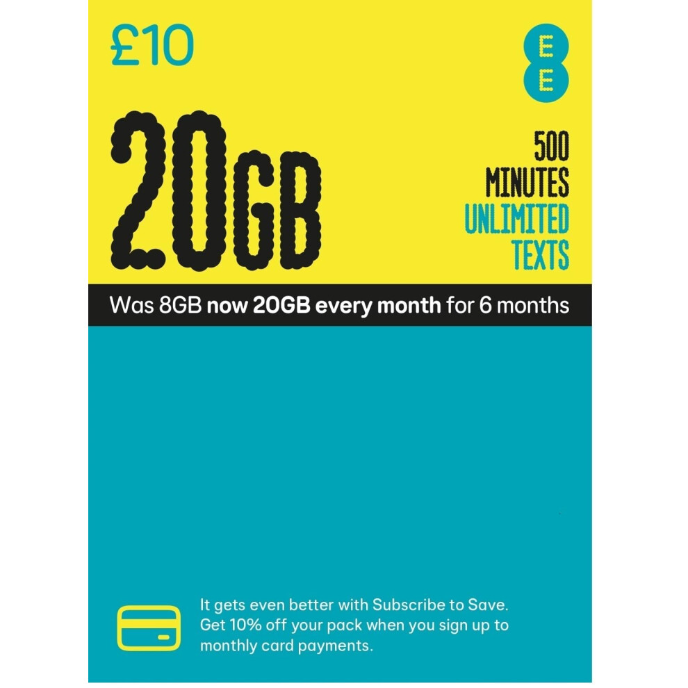 EE PAYG 10 Data Sim Includes 10 pre-paid credit, 8GB Data, 500 Minut