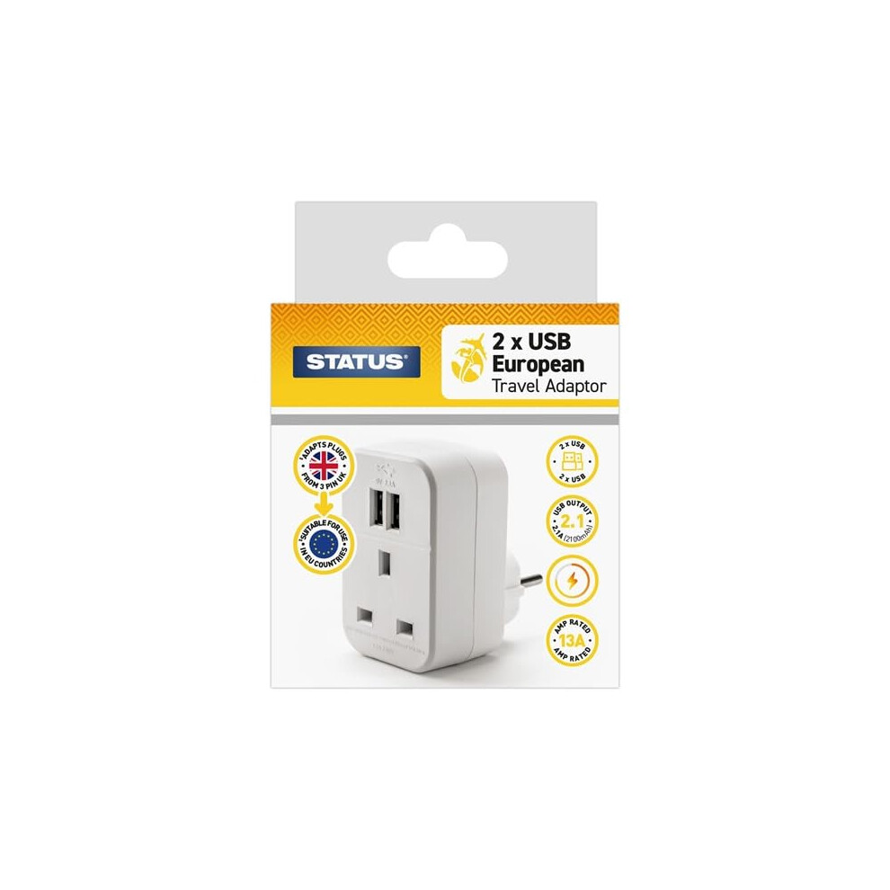 STATUS UK to EU European Plug with USB Port Adapter, 3 Pin to 2 Pin Eu