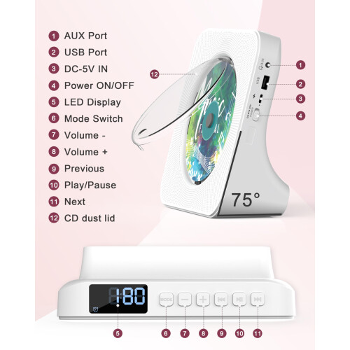 Portable CD Player with Bluetooth 5.0, Greadio Desktop CD Players for 2