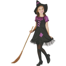 (M 7-9 years (120-130 cm)) Purple witch costume with hat for girls