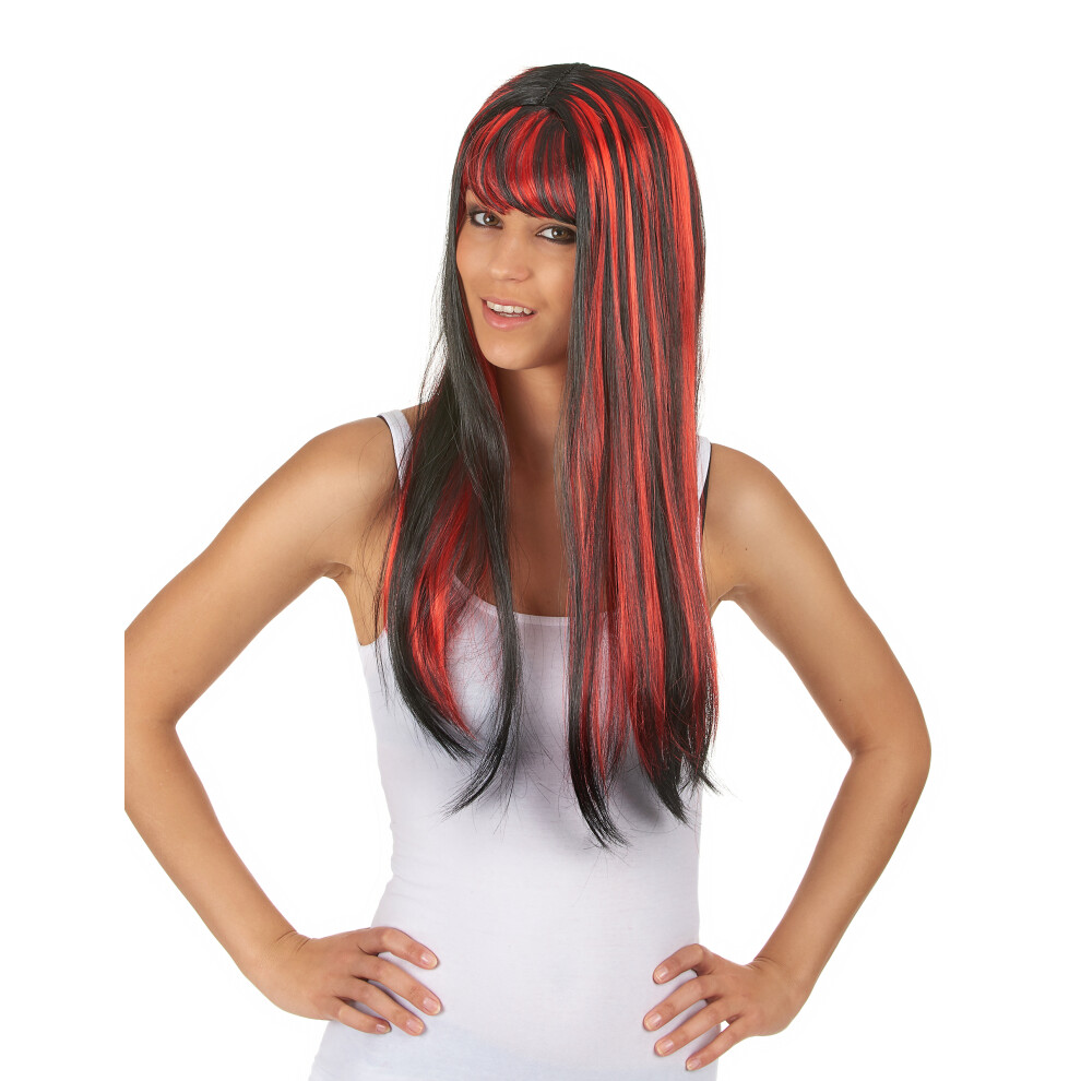 Rubies Long Black Wig With Bangs And Red Highlights For Women Black,Red