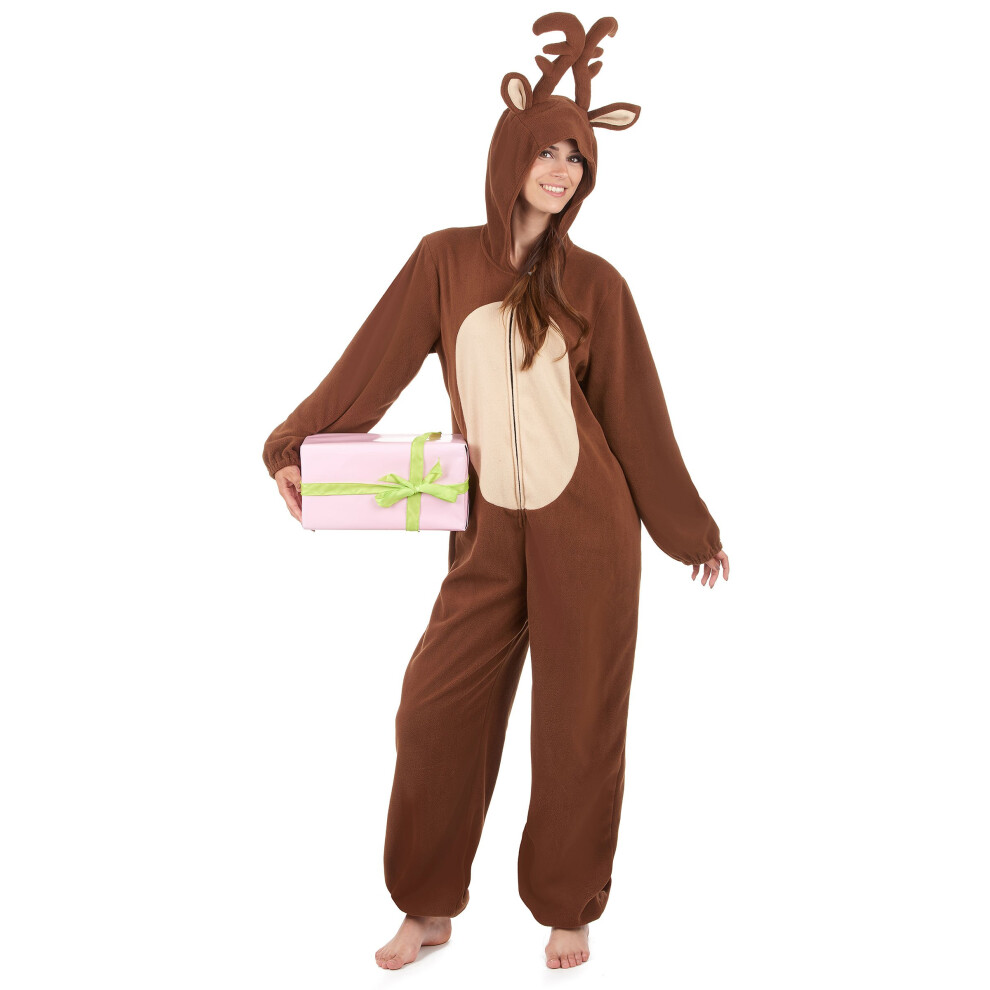 Rubies Women's Reindeer Hooded Jumpsuit Brown/Beige