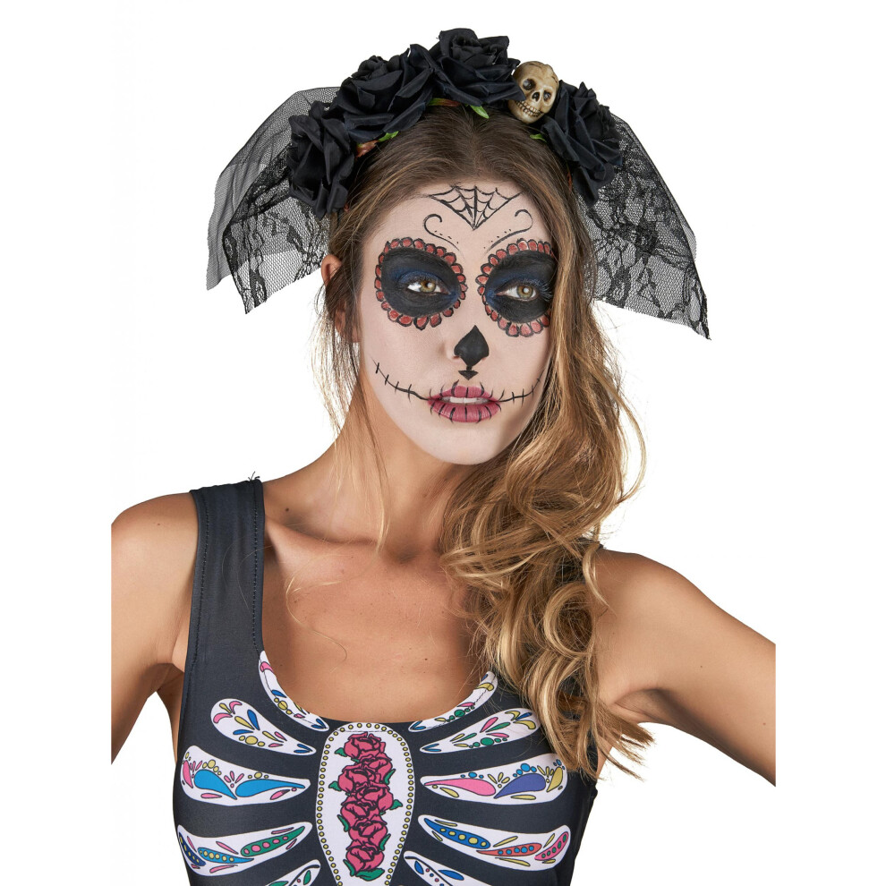 Rubies Lace Veil Headband Day Of The Dead Black