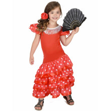(XS 3-4 years (92-104 cm)) Red Flamenco Dancer Costume with White Polka Dots for Girls