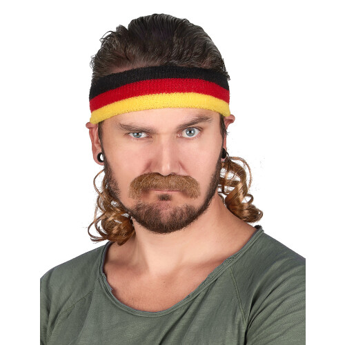 Rubies Black, Red and Yellow Mullet Headband with Mustache