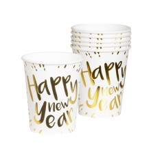 10 Happy New Year white and gold cardboard cups 21 cl