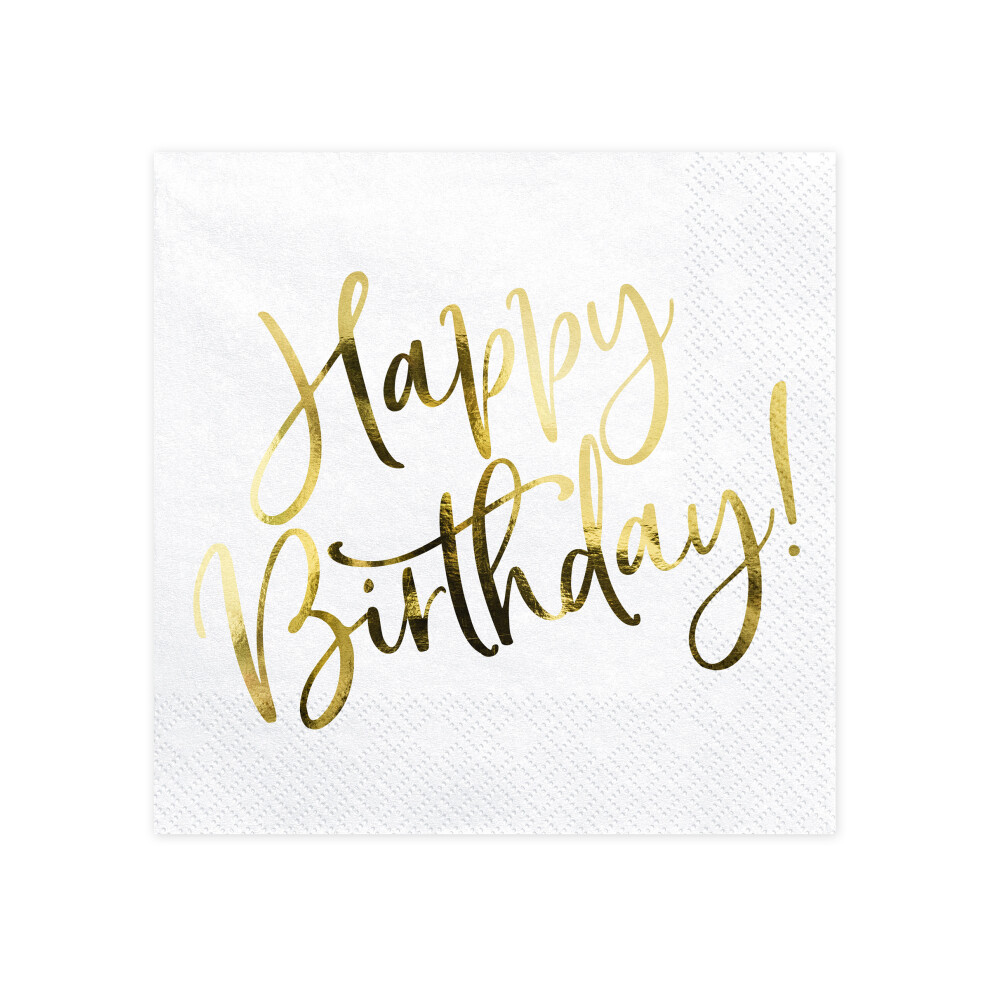 Rubies 20 White And Gold Happy Birthday Paper Napkins 33 X 33 Cm