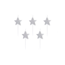5 Birthday candles on silver glitter star picks 3.5 cm