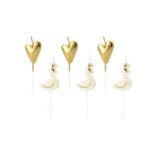 6 Candles on a pick with swans and white and gold hearts 3.5 - 4 cm