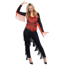 (XS) Women's red and black Charleston bodysuit with fringes