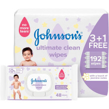 Johnson's Baby Wipes - Ultimate Clean & Gentle Care 48 Wipes x 3 + 1 Free Packs - 192 Total Count | Soft & Hydrating for Delicate Skin