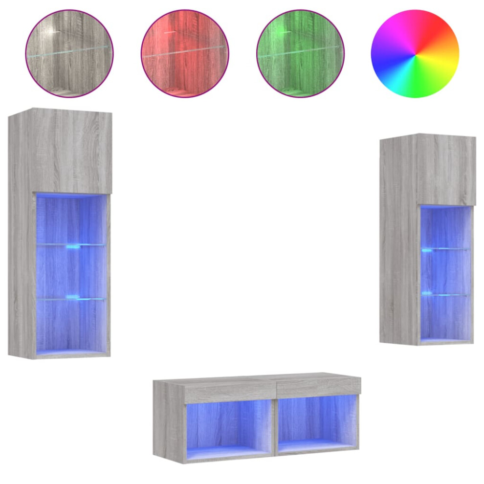 vidaXL TV Wall Cabinets 4 Piece with LED Lights Floating TV Unit Grey Sonoma