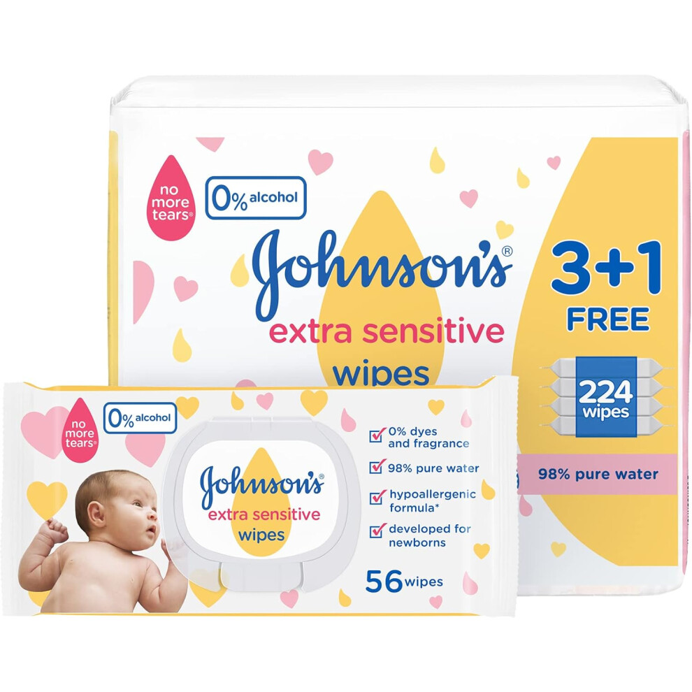 Johnson's Baby Extra Sensitive Wipes - 56 Wipes 3+1 Free Packs 224 Count | Gentle & Soothing Baby Wipes for Sensitive Skin | Dermatologically Tested