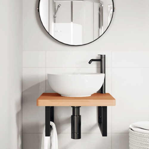 VidaXL vidaXL Basin Shelf Wall Mounted Bathroom Countertop Steel and Solid Wood Beech 2