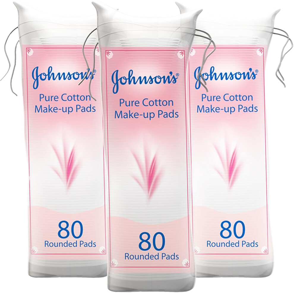 Johnson's Pure Cotton Makeup Pads, Pack of 3x80 Rounded Pads, Crafted from Pure Cotton, Naturally Soft, Absorbent and Gentle, Removes Makeup