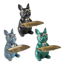 (Blue) Bulldog Statue Figurine Storage Ornaments Entrance Key Tray Home Table Decoration Resin Coin Bank Dog Figurine Miniature