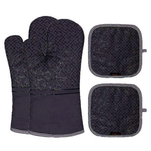 (Black)Oven Mitts And Pot Holders Set, Potholders And Oven Mitts, 100% Cotton Lining