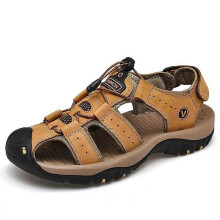 (48, yellow) Summer men's sandals with top layer of cowhide leather beach shoes men's outdoor non-slip soft-soled shoes