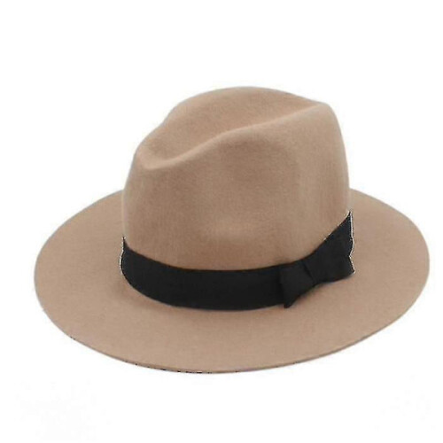 100% Wool, Wide Brim, Floppy Felt Trilby Bowknot Hatkhaki