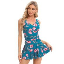 (S, Rose) Women's plus size printed cherry one-piece conservative belly-covering slimming hot spring swimwear