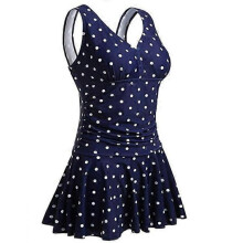 (L, Blue Dot) Women's plus size printed cherry one-piece conservative belly-covering slimming hot spring swimwear