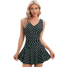 (4xl, Green Grid) Women's plus size printed cherry one-piece conservative belly-covering slimming hot spring swimwear