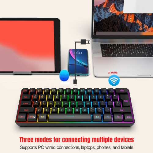Teclado de 3 modos 61 teclas 2000mAh Negro RGB 2