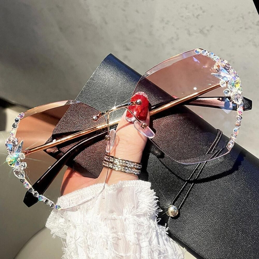 Light/Pink ( Pink) Luxury Vintage Rimless Rhinestone Sunglasses Women Men Fashion Gradient Lens Sun Glasses Shades For Female