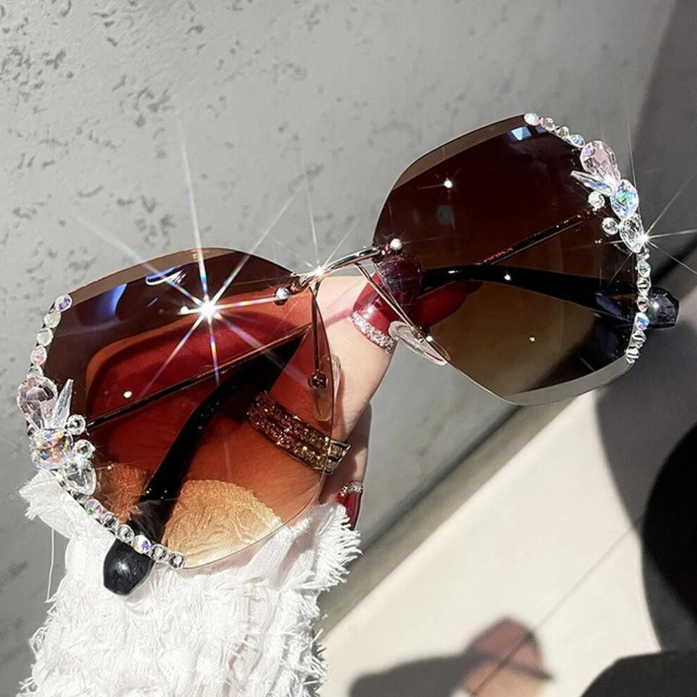 Brown (Brown) Luxury Vintage Rimless Rhinestone Sunglasses Women Men Fashion Gradient Lens Sun Glasses Shades For Female