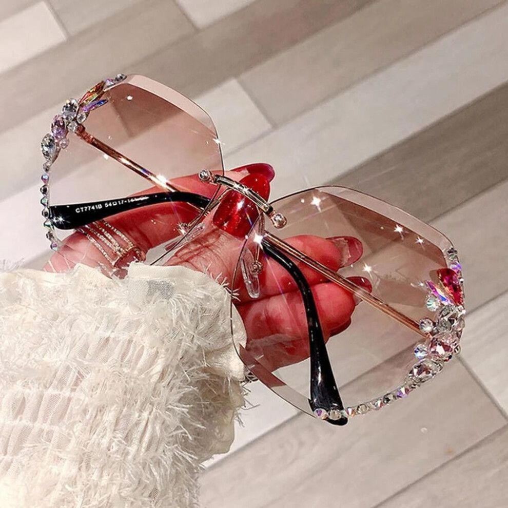 Pink (Pink) Luxury Vintage Rimless Rhinestone Sunglasses Women Men Fashion Gradient Lens Sun Glasses Shades For Female