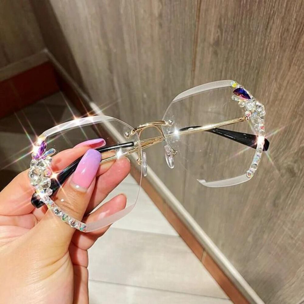 (clear) Luxury  Vintage Rimless Rhinestone Sunglasses Women Men Fashion Gradient Lens Sun Glasses Shades For Female